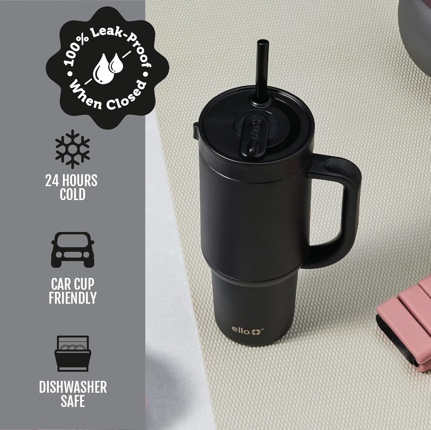 image:imageEllo Oasis 40oz Tumbler with Handle amp Retracting Straw Reusable Insulated Stainless Steel Cup 100 Leakproof Keeps Cold for 24 Hours Cup Holder Friendly Picnic on the VineBlack