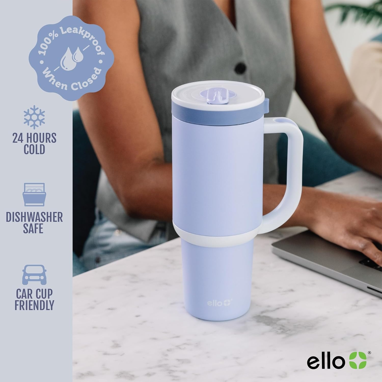 image:imageEllo Oasis 40oz Tumbler with Handle amp Retracting Straw Reusable Insulated Stainless Steel Cup 100 Leakproof Keeps Cold for 24 Hours Cup Holder Friendly Picnic on the VineTwilight Blush
