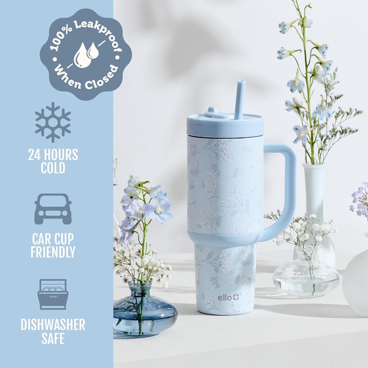 image:imageEllo Oasis 40oz Tumbler with Handle amp Retracting Straw Reusable Insulated Stainless Steel Cup 100 Leakproof Keeps Cold for 24 Hours Cup Holder Friendly Picnic on the VineSweet Alyssum