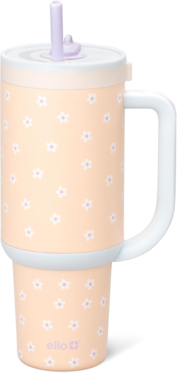 image:imageEllo Oasis 40oz Tumbler with Handle amp Retracting Straw Reusable Insulated Stainless Steel Cup 100 Leakproof Keeps Cold for 24 Hours Cup Holder Friendly Picnic on the VineOrange Daisies