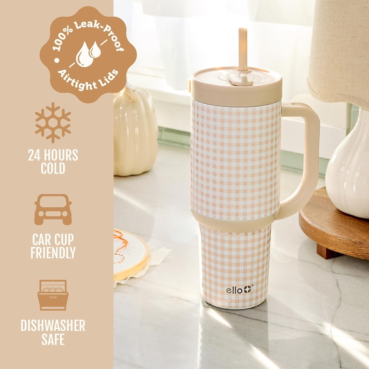 image:imageEllo Oasis 40oz Tumbler with Handle amp Retracting Straw Reusable Insulated Stainless Steel Cup 100 Leakproof Keeps Cold for 24 Hours Cup Holder Friendly Picnic on the VineBeige Gingham