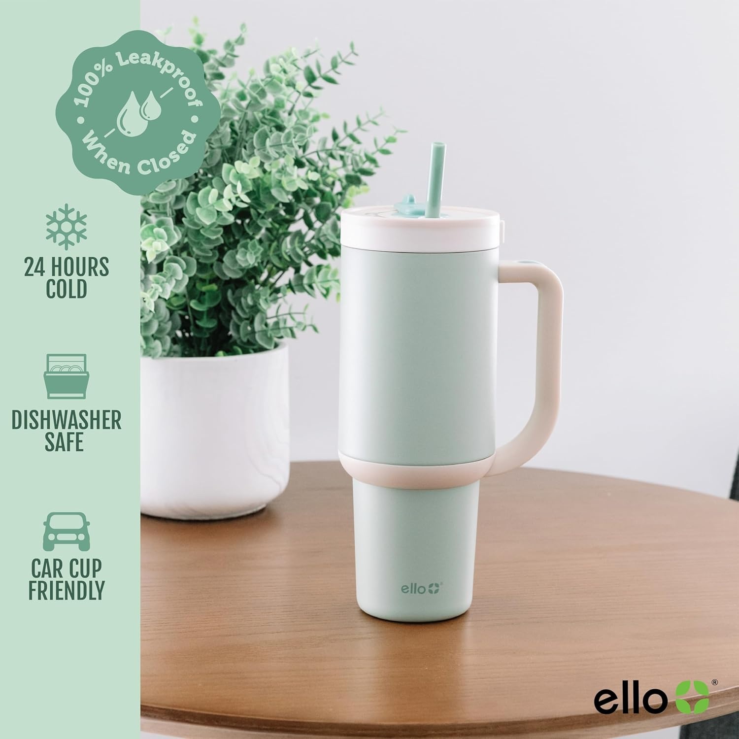 image:imageEllo Oasis 40oz Tumbler with Handle amp Retracting Straw Reusable Insulated Stainless Steel Cup 100 Leakproof Keeps Cold for 24 Hours Cup Holder Friendly Picnic on the VinePistachio