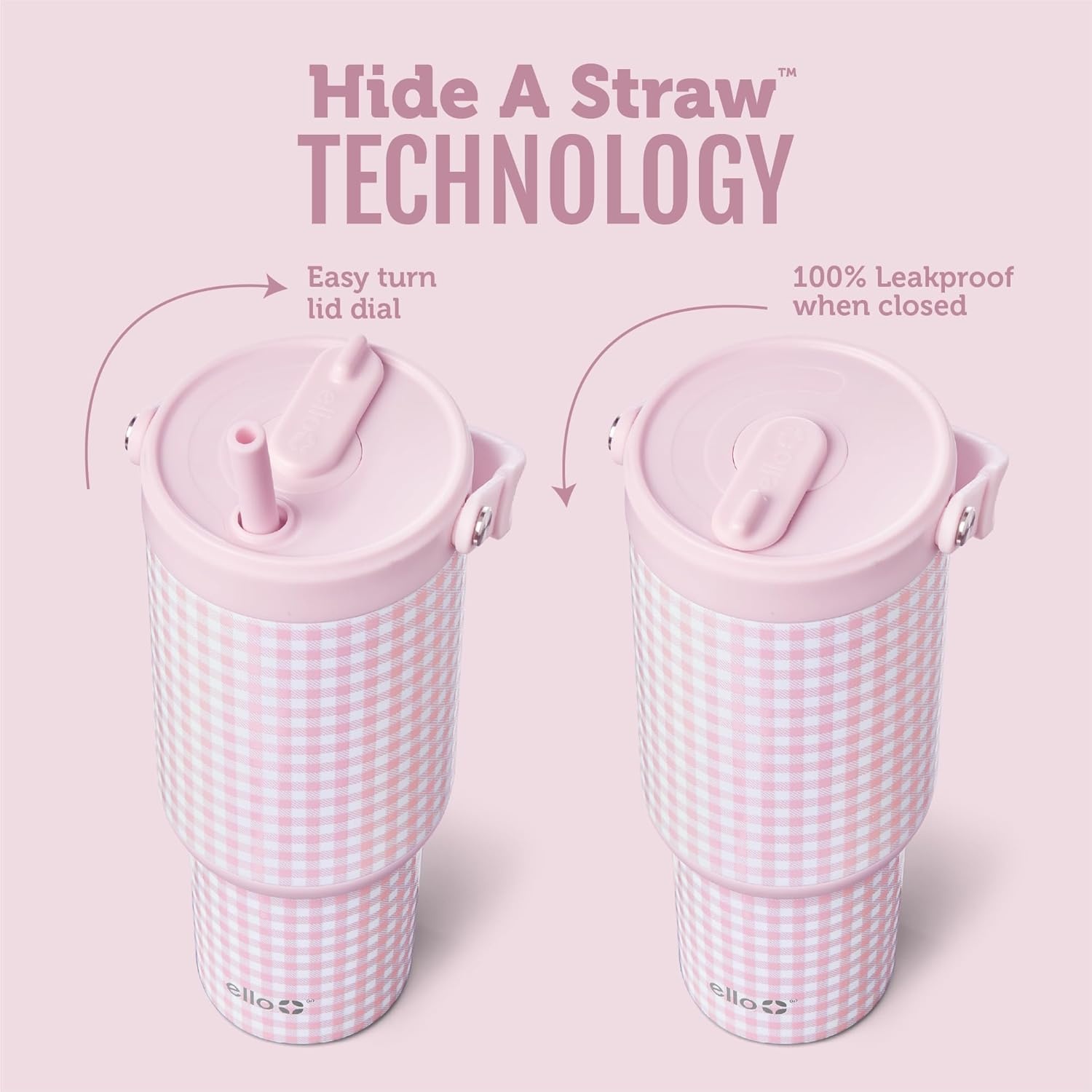 image:imageEllo Oasis Go 32oz Tumbler with Top Handle and Retracting Straw Reusable Insulated Stainless Steel Cup 100 Leakproof Water Bottle 24 Hours Cold Cup Holder Friendly For Travel JadeglowPink Gingham