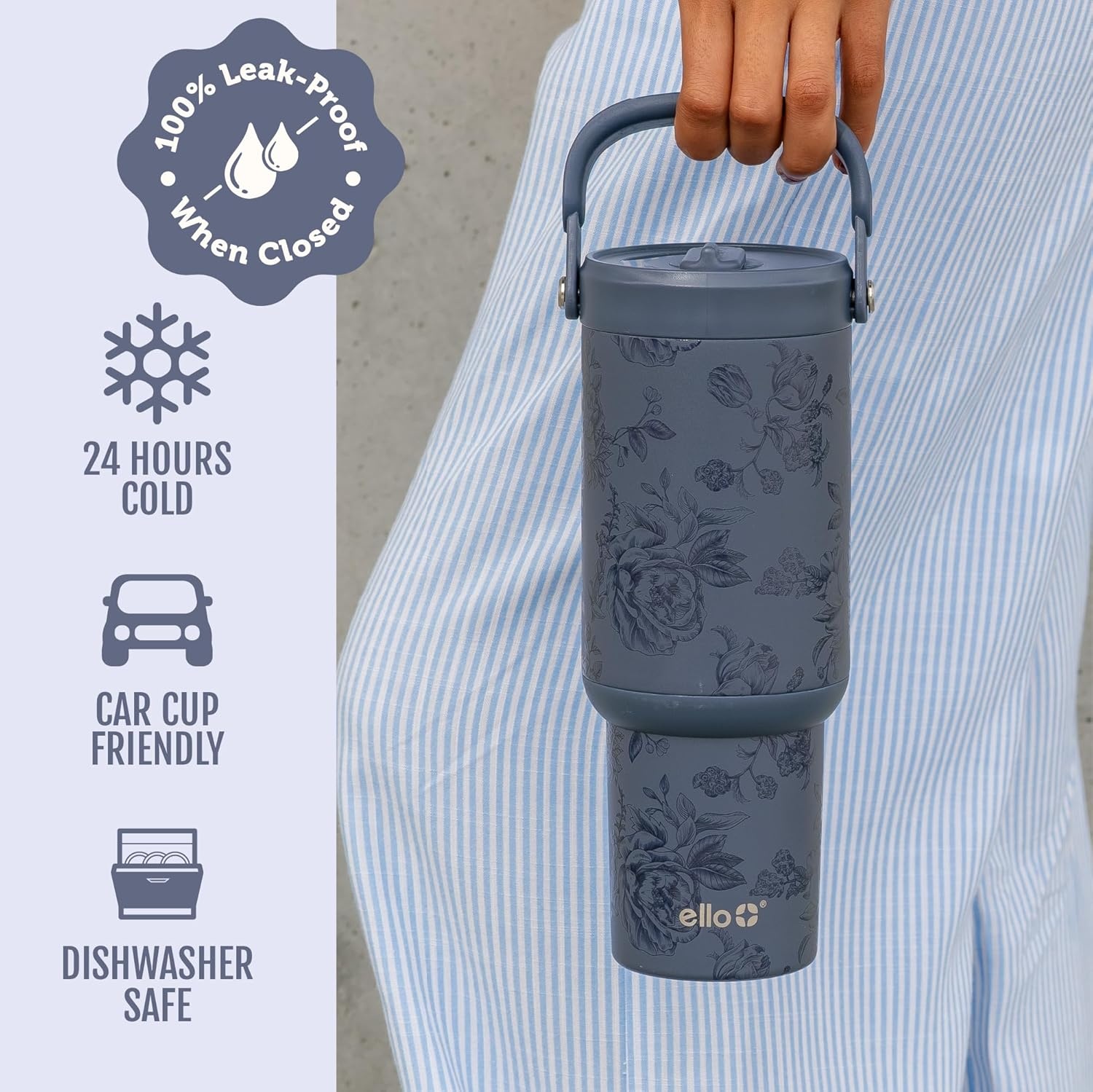 image:imageEllo Oasis Go 32oz Tumbler with Top Handle and Retracting Straw Reusable Insulated Stainless Steel Cup 100 Leakproof Water Bottle 24 Hours Cold Cup Holder Friendly For Travel JadeglowPorcelain Rose Navy