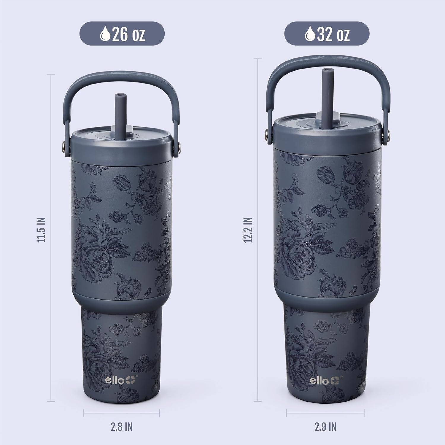 image:imageEllo Oasis Go 32oz Tumbler with Top Handle and Retracting Straw Reusable Insulated Stainless Steel Cup 100 Leakproof Water Bottle 24 Hours Cold Cup Holder Friendly For Travel JadeglowPorcelain Rose Navy
