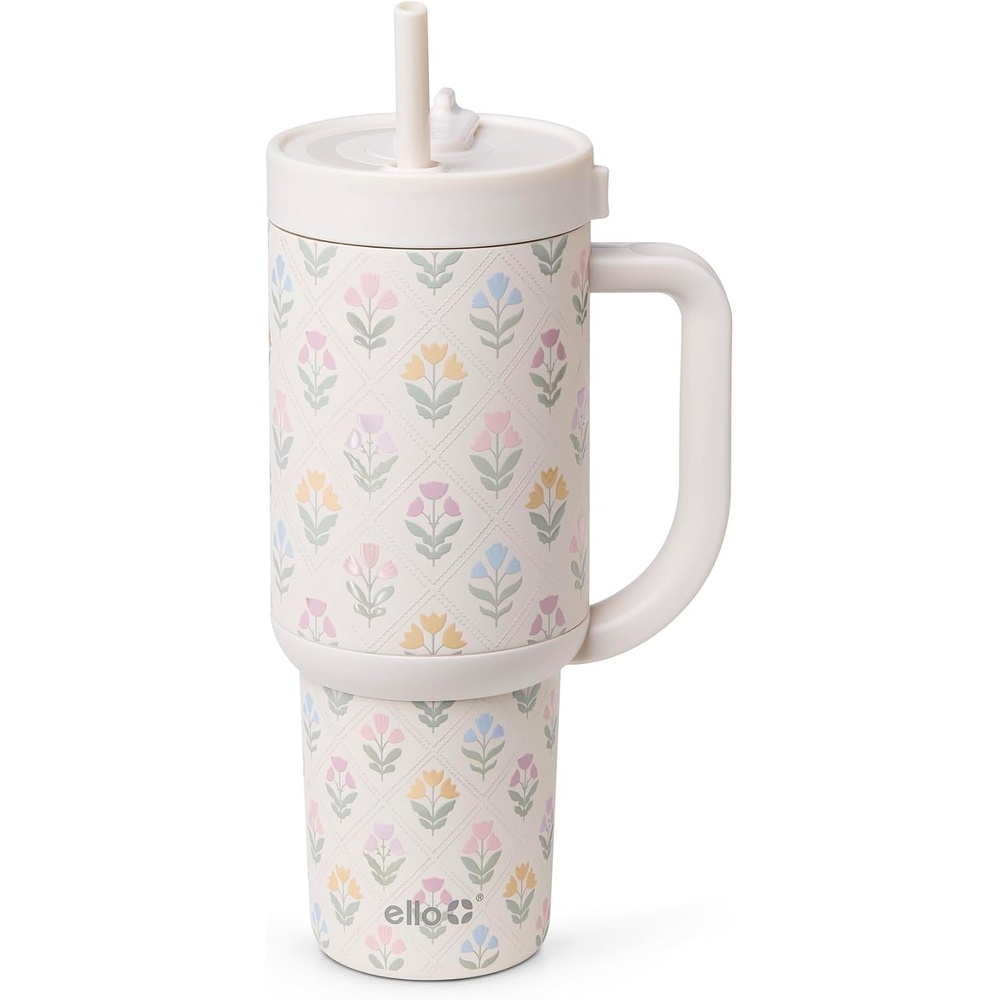 image:imageEllo Oasis 40oz Tumbler with Handle amp Retracting Straw Reusable Insulated Stainless Steel Cup 100 Leakproof Keeps Cold for 24 Hours Cup Holder Friendly Picnic on the VineFlower Quilt