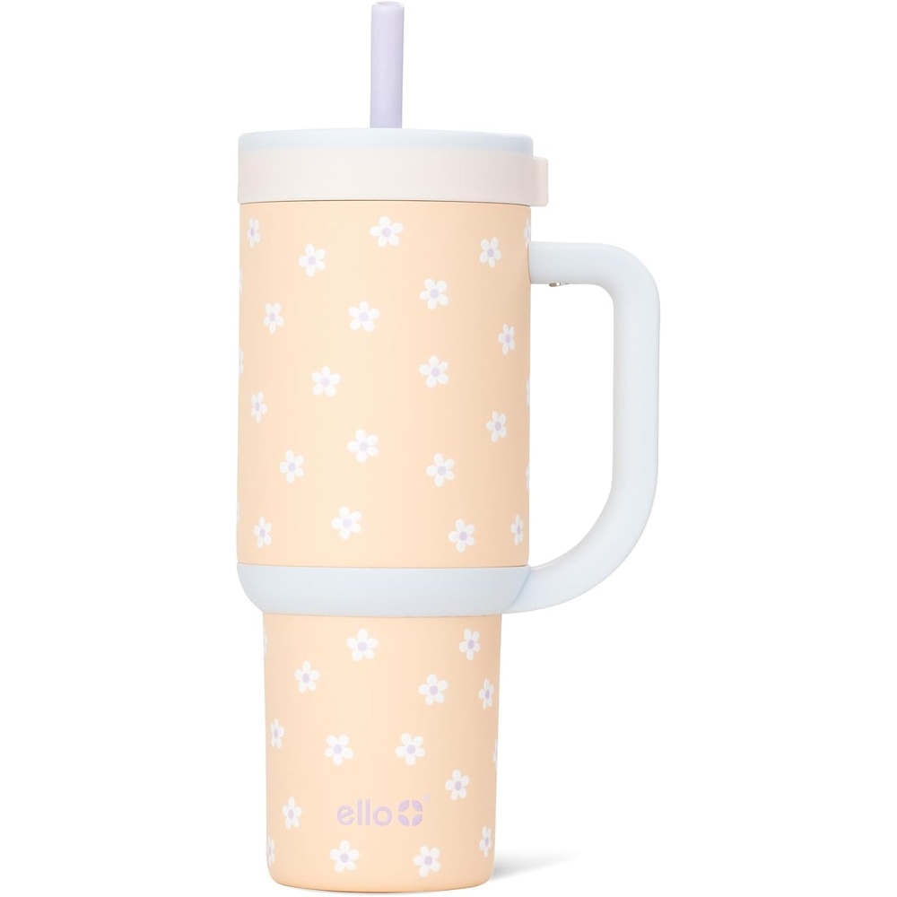 image:imageEllo Oasis 40oz Tumbler with Handle amp Retracting Straw Reusable Insulated Stainless Steel Cup 100 Leakproof Keeps Cold for 24 Hours Cup Holder Friendly Picnic on the VineOrange Daisies