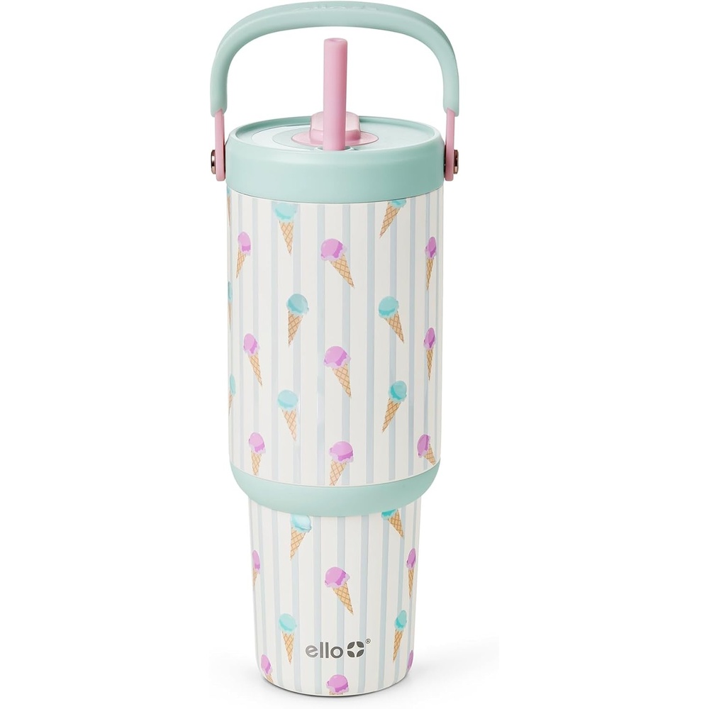 image:imageEllo Oasis Go 32oz Tumbler with Top Handle and Retracting Straw Reusable Insulated Stainless Steel Cup 100 Leakproof Water Bottle 24 Hours Cold Cup Holder Friendly For Travel JadeglowIce Cream Parlor