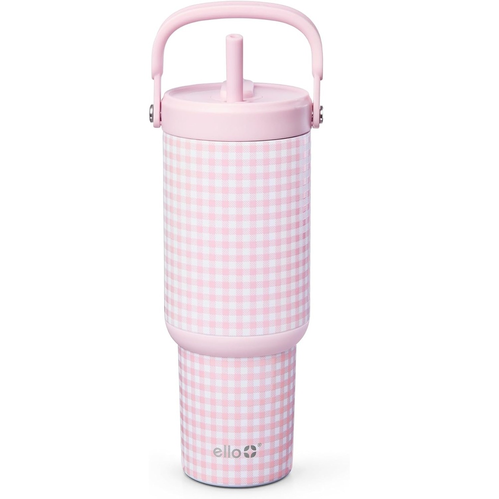 image:imageEllo Oasis Go 32oz Tumbler with Top Handle and Retracting Straw Reusable Insulated Stainless Steel Cup 100 Leakproof Water Bottle 24 Hours Cold Cup Holder Friendly For Travel JadeglowPink Gingham