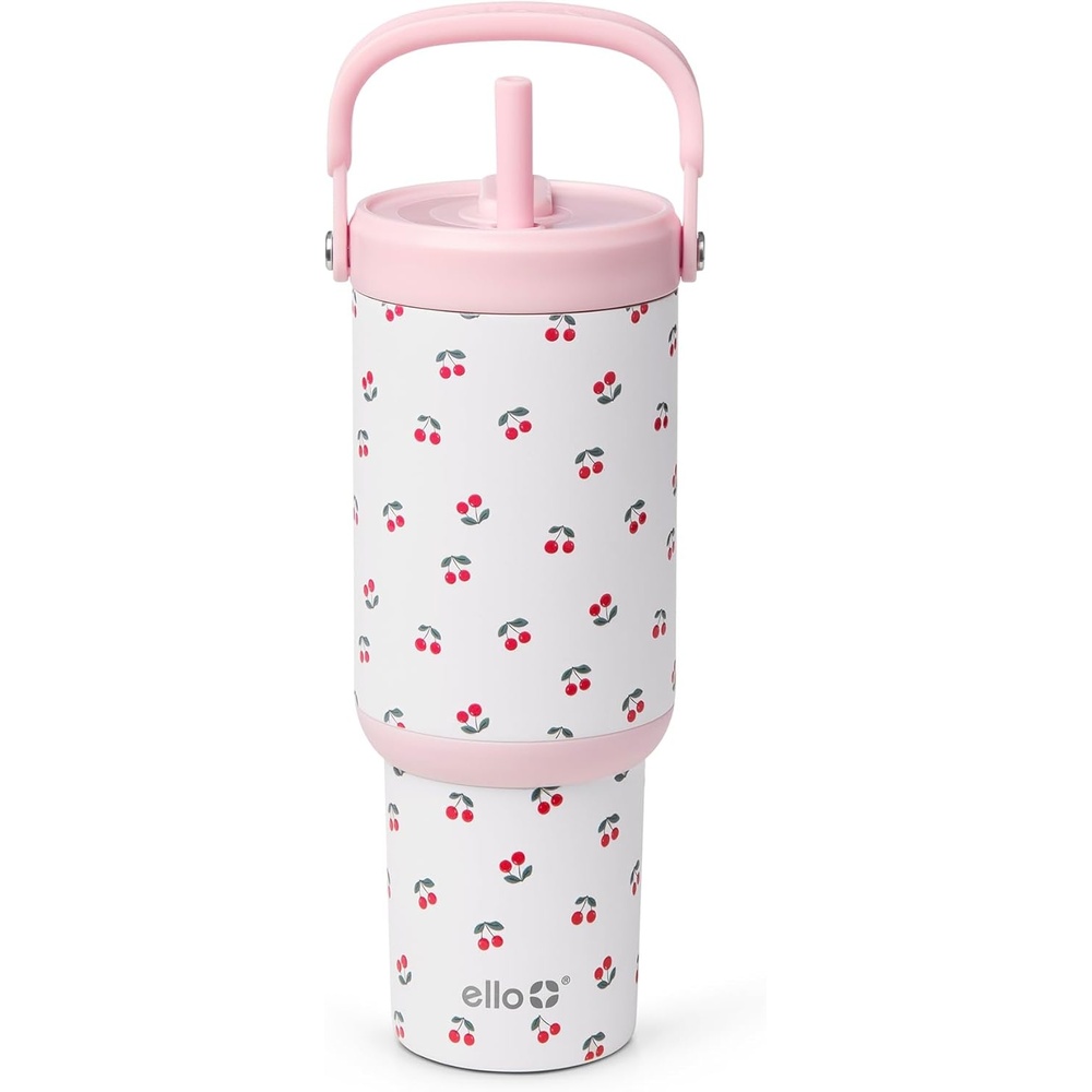 image:imageEllo Oasis Go 32oz Tumbler with Top Handle and Retracting Straw  Reusable Insulated Stainless Steel Cup 100 Leakproof Water Bottle 24 Hours Cold Cup Holder Friendly For Travel  JadeglowCherries Jubilee