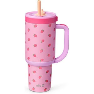 Ello Oasis 40oz Tumbler with Handle & Retracting Straw | Reusable Insulated Stainless Steel Cup 100% Leakproof | Keeps Cold for 24 Hours | Cup Holder Friendly | Picnic on the Vine(Strawberries)