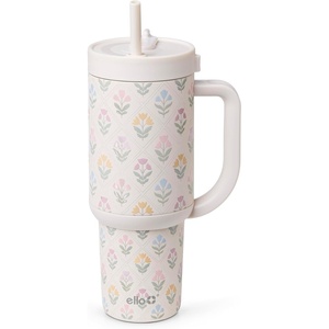 Ello Oasis 40oz Tumbler with Handle & Retracting Straw | Reusable Insulated Stainless Steel Cup 100% Leakproof | Keeps Cold for 24 Hours | Cup Holder Friendly | Picnic on the Vine(Flower Quilt)