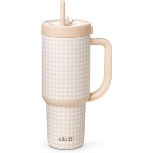 Ello Oasis 40oz Tumbler with Handle & Retracting Straw | Reusable Insulated Stainless Steel Cup 100% Leakproof | Keeps Cold for 24 Hours | Cup Holder Friendly | Picnic on the Vine(Beige Gingham)
