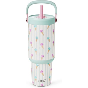 Ello Oasis Go+ 32oz Tumbler with Top Handle and Retracting Straw | Reusable Insulated Stainless Steel Cup, 100% Leakproof Water Bottle, 24 Hours Cold, Cup Holder Friendly For Travel | Jadeglow(Ice Cream Parlor)