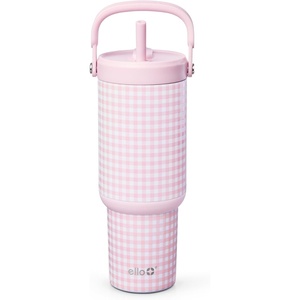 Ello Oasis Go+ 32oz Tumbler with Top Handle and Retracting Straw | Reusable Insulated Stainless Steel Cup, 100% Leakproof Water Bottle, 24 Hours Cold, Cup Holder Friendly For Travel | Jadeglow(Pink Gingham)