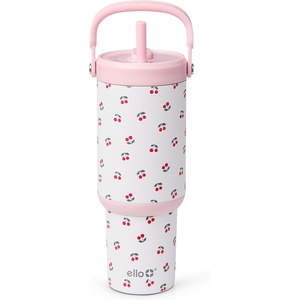 Ello Oasis Go+ 32oz Tumbler with Top Handle and Retracting Straw | Reusable Insulated Stainless Steel Cup, 100% Leakproof Water Bottle, 24 Hours Cold, Cup Holder Friendly For Travel | Jadeglow(Cherries Jubilee)