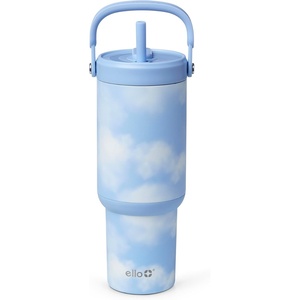Ello Oasis Go+ 32oz Tumbler with Top Handle and Retracting Straw | Reusable Insulated Stainless Steel Cup, 100% Leakproof Water Bottle, 24 Hours Cold, Cup Holder Friendly For Travel | Jadeglow(In The Clouds)