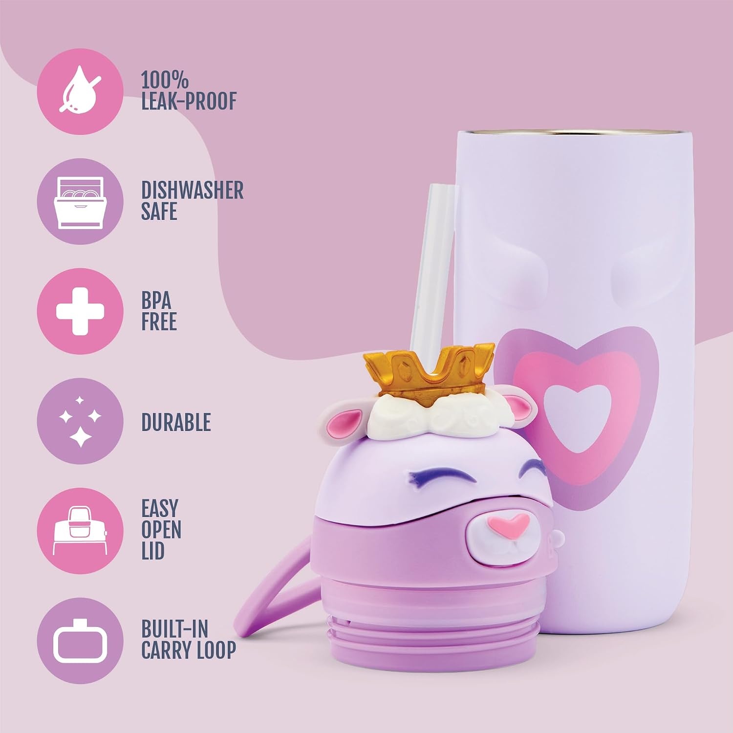 image:imageEllo Ellies 12oz Stainless Steel Leakproof Kids Water Bottle Firetruck Insulated kids water bottle with straw leakproof locking lid carry handle and stainless steel fun design for schoolLamb Princess