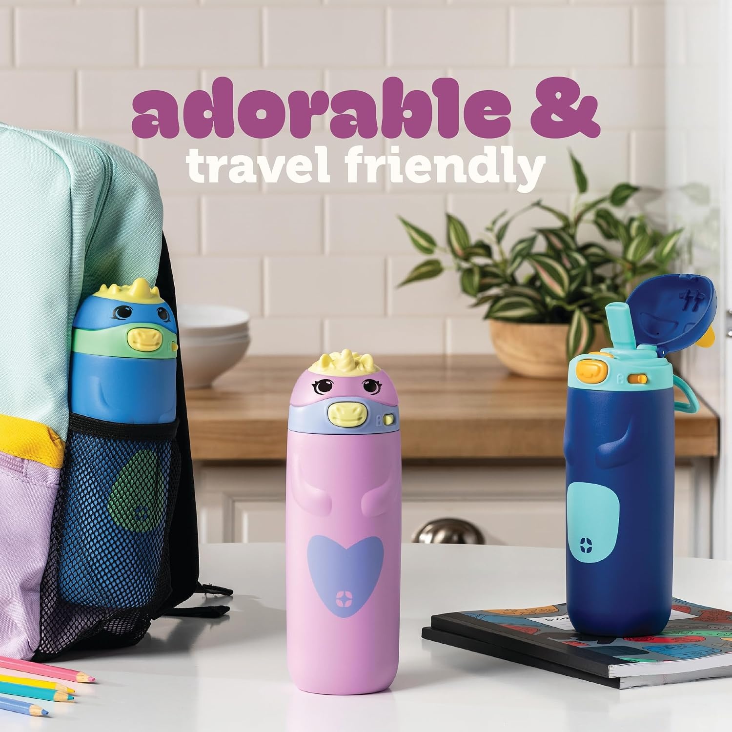 image:imageEllo Ellies 12oz Stainless Steel Leakproof Kids Water Bottle Firetruck Insulated kids water bottle with straw leakproof locking lid carry handle and stainless steel fun design for schoolDino