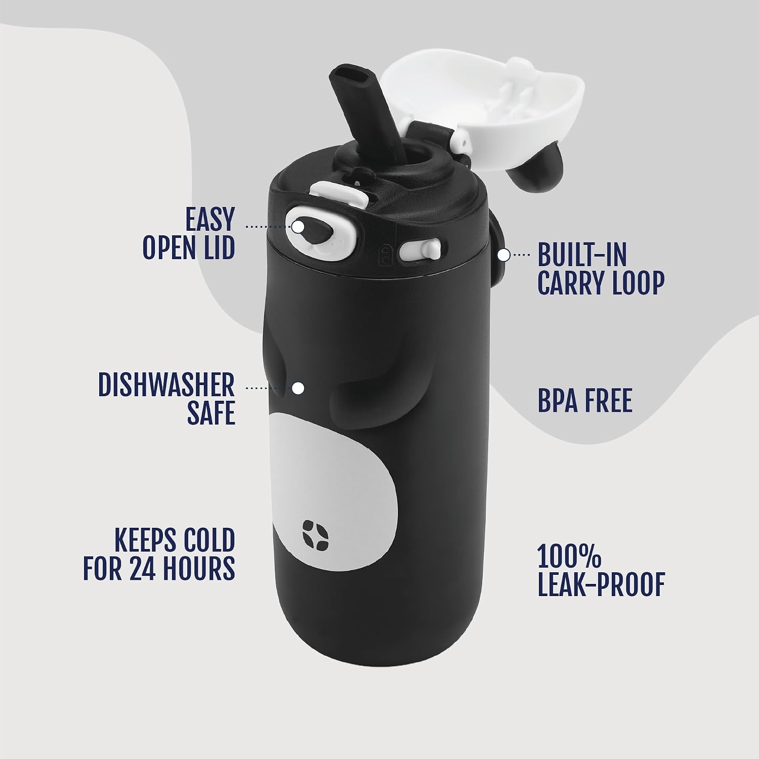 image:imageEllo Ellies 12oz Stainless Steel Leakproof Kids Water Bottle Firetruck Insulated kids water bottle with straw leakproof locking lid carry handle and stainless steel fun design for schoolPanda