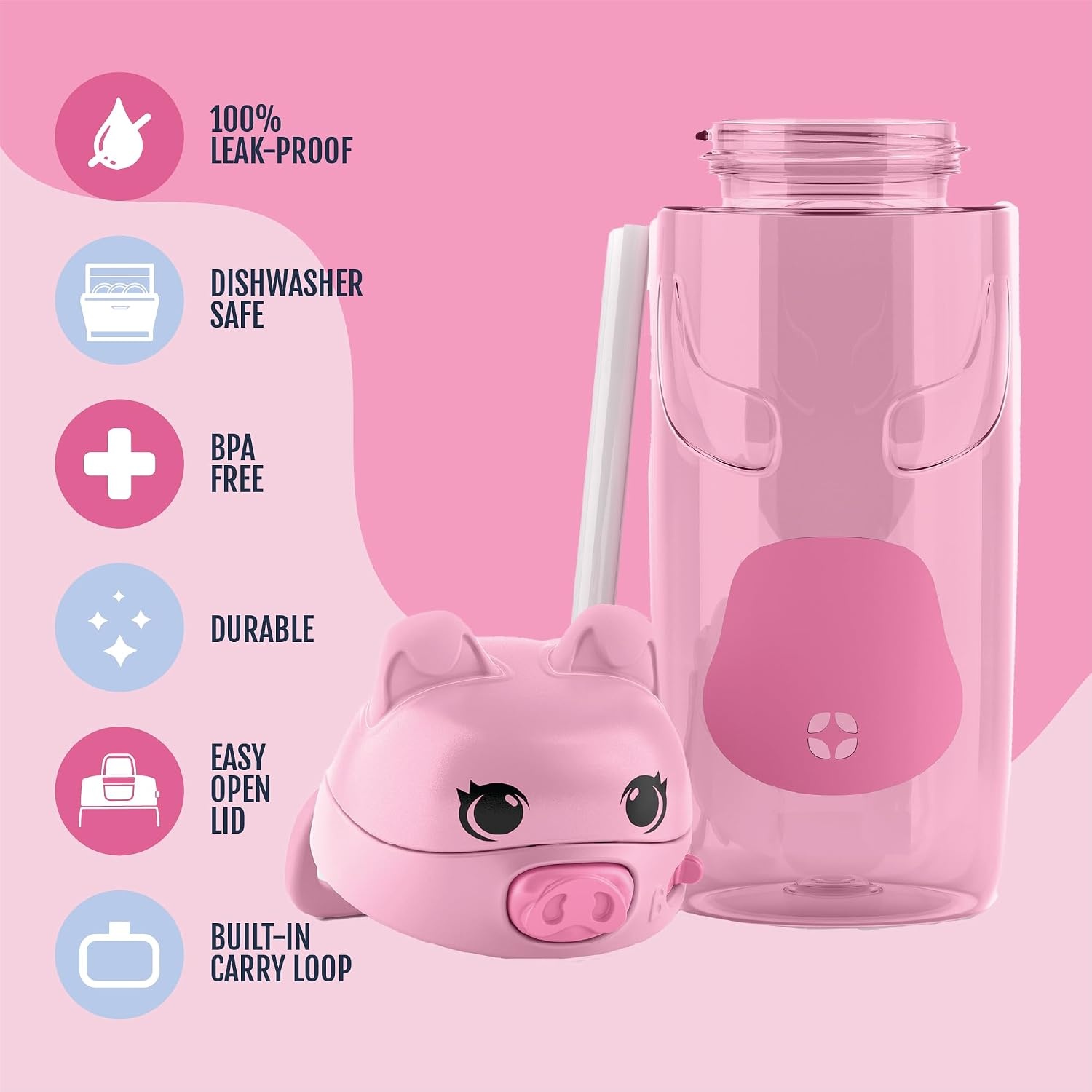 image:imageEllo Ellies 12oz Stainless Steel Leakproof Kids Water Bottle Firetruck Insulated kids water bottle with straw leakproof locking lid carry handle and stainless steel fun design for schoolPig