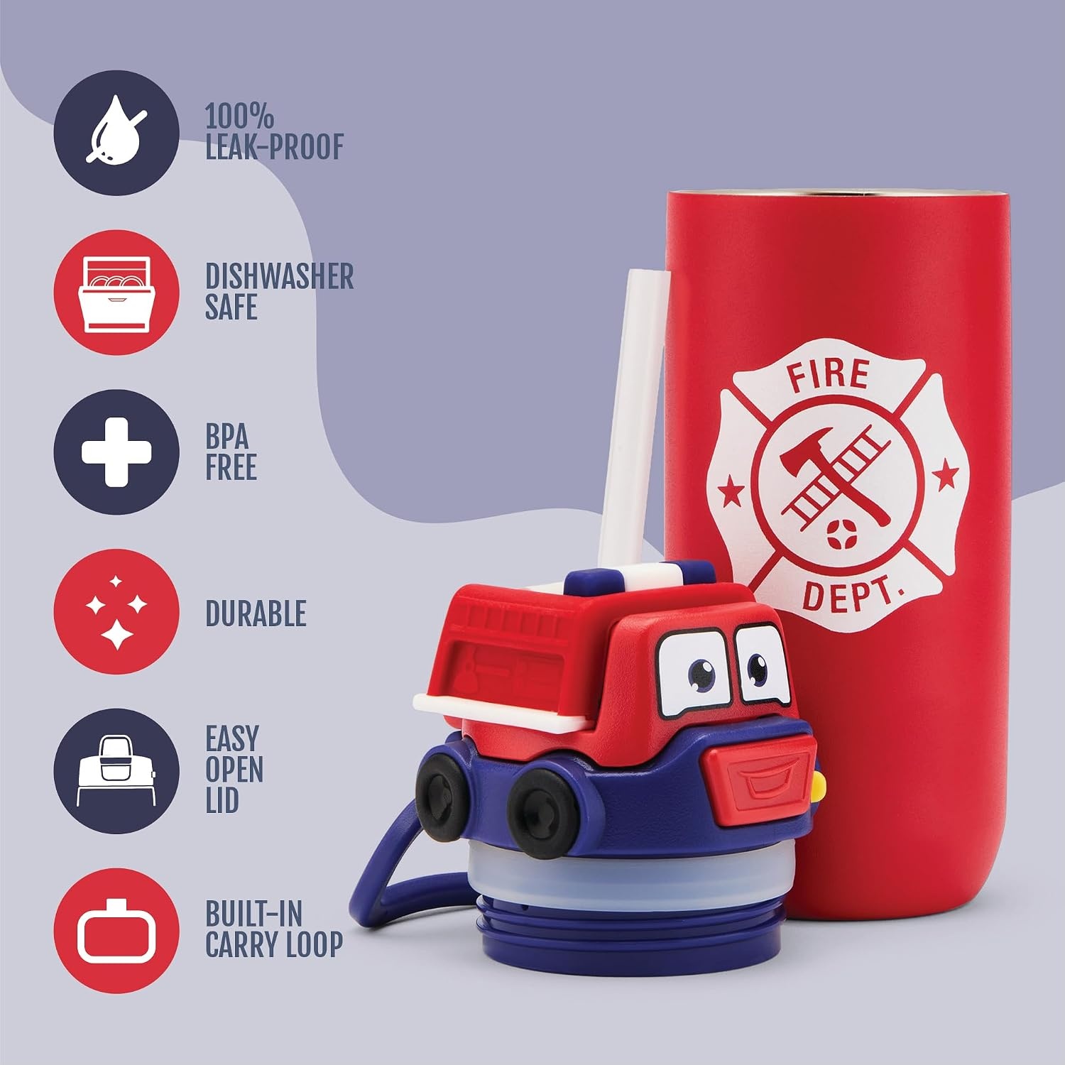 image:imageEllo Ellies 12oz Stainless Steel Leakproof Kids Water Bottle Firetruck Insulated kids water bottle with straw leakproof locking lid carry handle and stainless steel fun design for schoolFiretruck