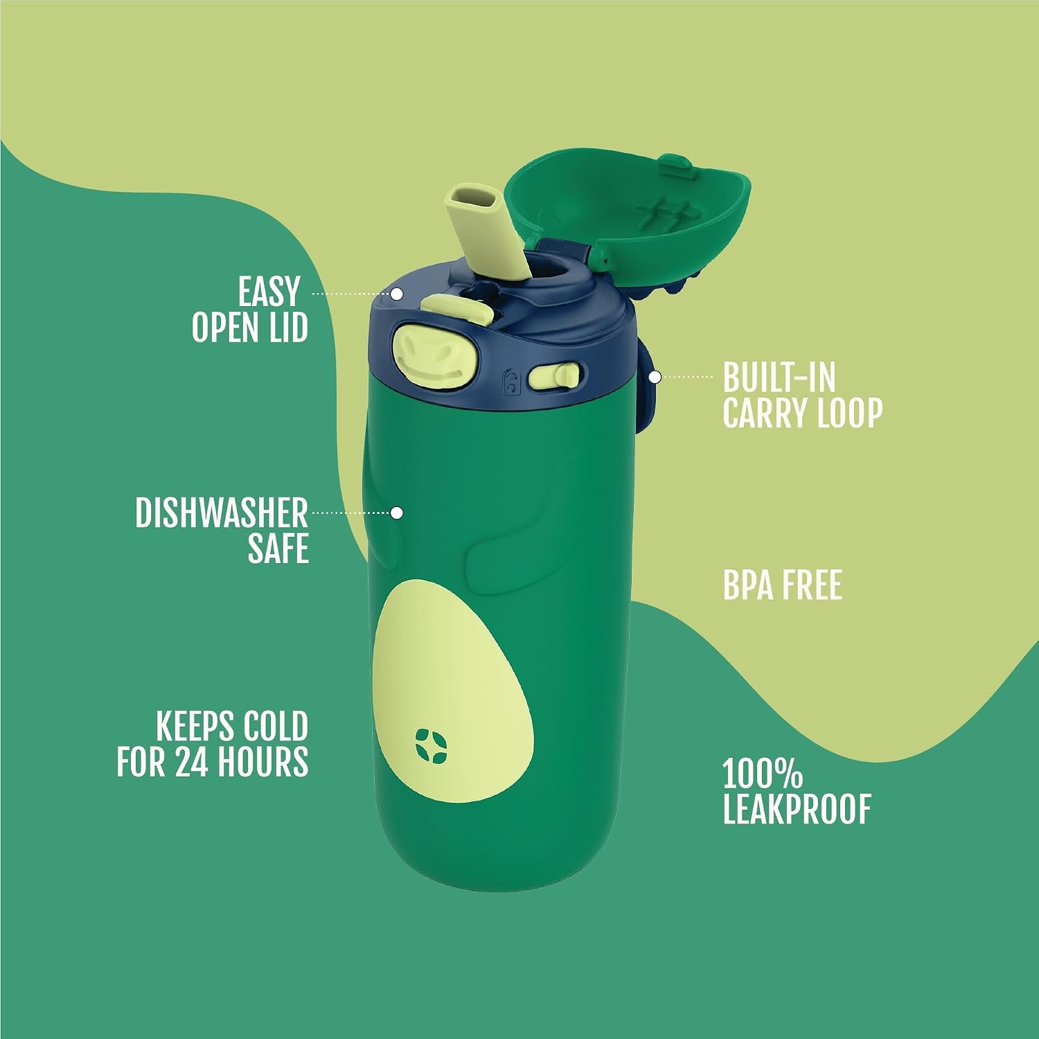 image:imageEllo Ellies 12oz Stainless Steel Leakproof Kids Water Bottle Firetruck Insulated kids water bottle with straw leakproof locking lid carry handle and stainless steel fun design for schoolDino