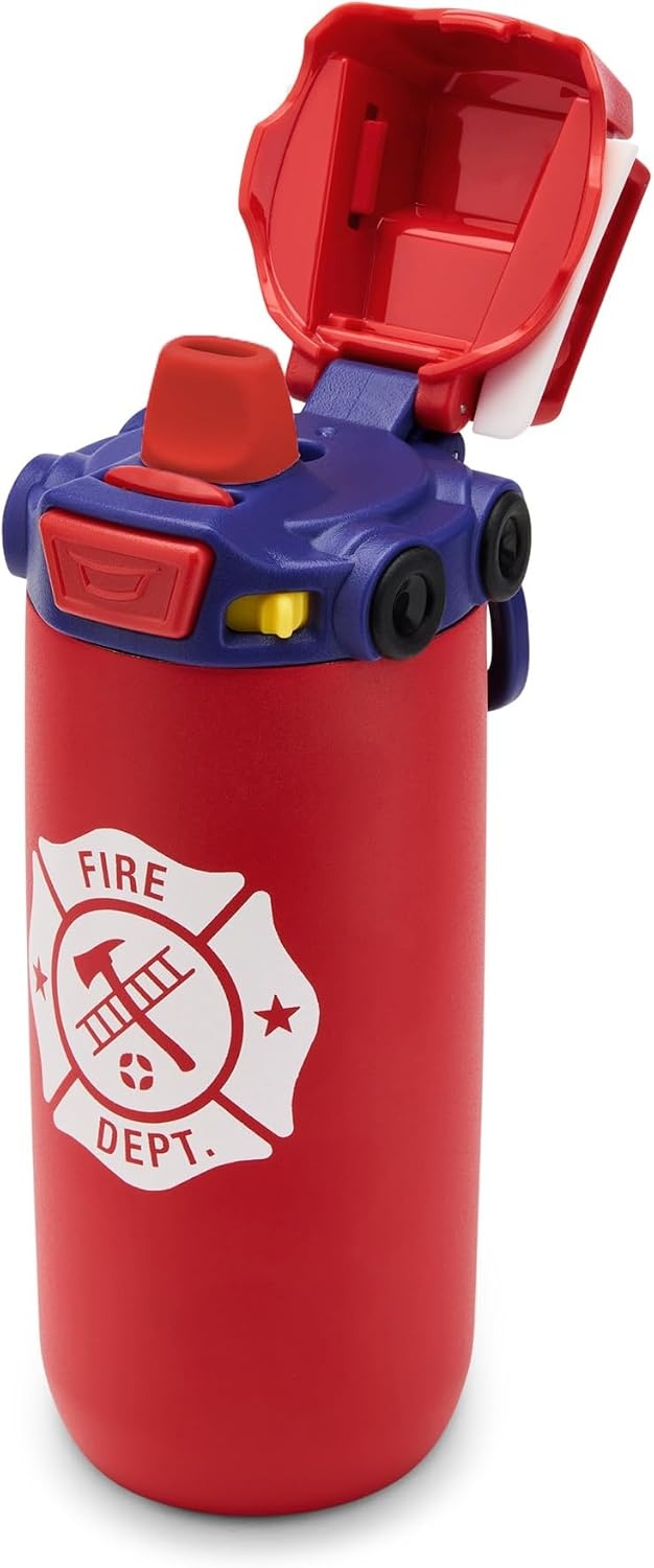 image:imageEllo Ellies 12oz Stainless Steel Leakproof Kids Water Bottle Firetruck Insulated kids water bottle with straw leakproof locking lid carry handle and stainless steel fun design for schoolFiretruck