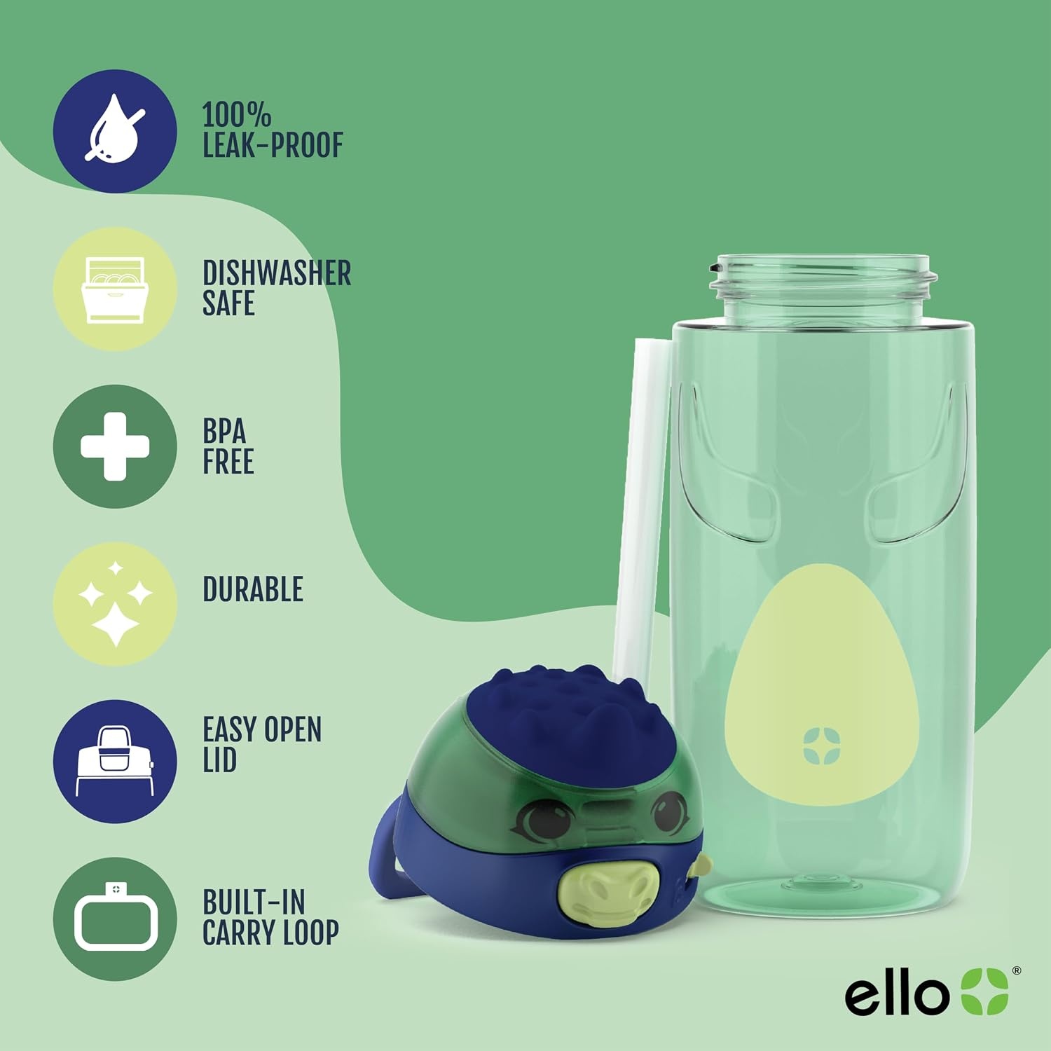 image:imageEllo Ellies 12oz Stainless Steel Leakproof Kids Water Bottle Firetruck Insulated kids water bottle with straw leakproof locking lid carry handle and stainless steel fun design for schoolDino
