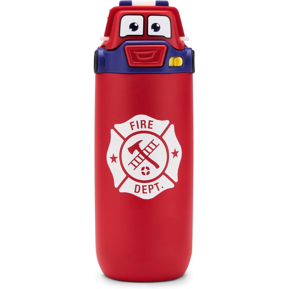 image:imageEllo Ellies 12oz Stainless Steel Leakproof Kids Water Bottle Firetruck Insulated kids water bottle with straw leakproof locking lid carry handle and stainless steel fun design for schoolFiretruck