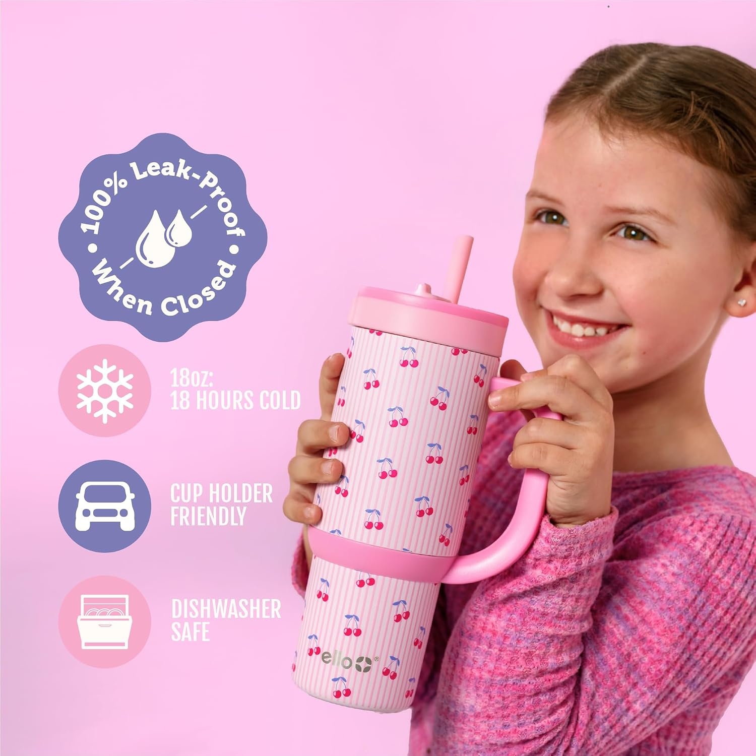 image:imageEllo Oasis Go 14oz Insulated Stainless Kids Tumbler with Straw A La Mode Leakproof kids tumbler with top handle and retracting straw BPAfree keeps drinks cold great for school and travelPreppy Cherries