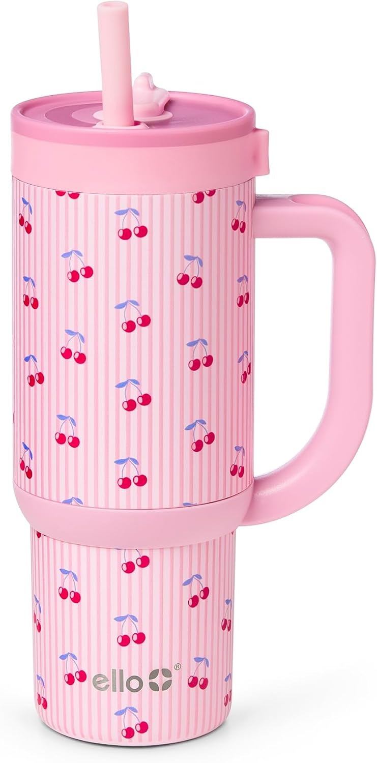 image:imageEllo Oasis Go 14oz Insulated Stainless Kids Tumbler with Straw A La Mode Leakproof kids tumbler with top handle and retracting straw BPAfree keeps drinks cold great for school and travelPreppy Cherries