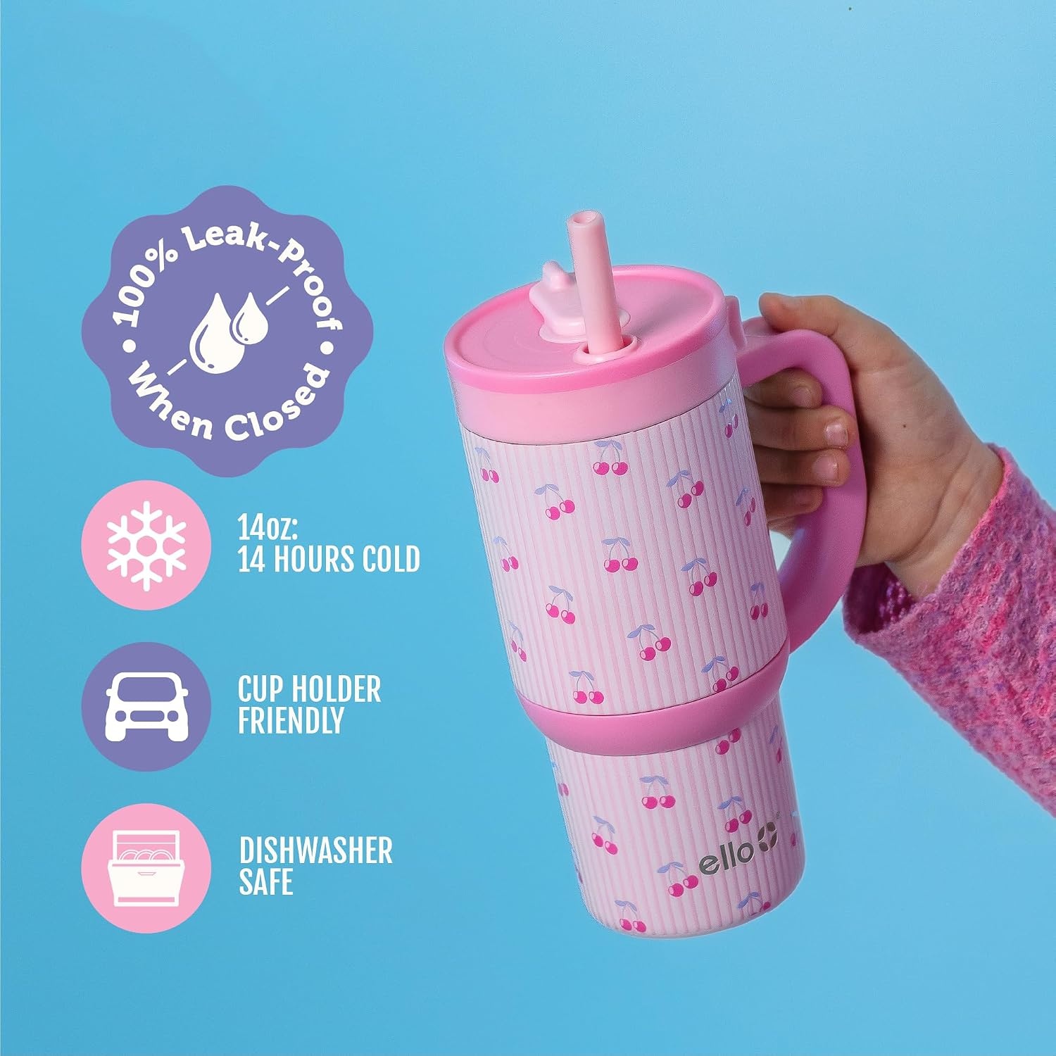 image:imageEllo Oasis Go 14oz Insulated Stainless Kids Tumbler with Straw A La Mode Leakproof kids tumbler with top handle and retracting straw BPAfree keeps drinks cold great for school and travelPreppy Cherries