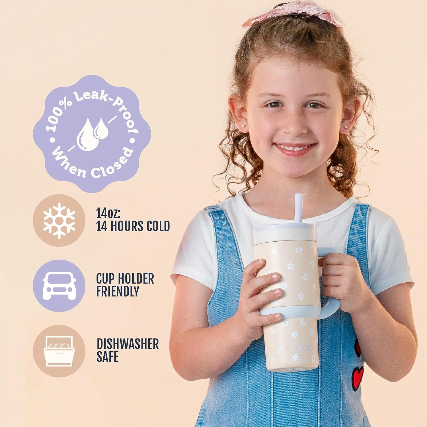 image:imageEllo Oasis Go 14oz Insulated Stainless Kids Tumbler with Straw A La Mode Leakproof kids tumbler with top handle and retracting straw BPAfree keeps drinks cold great for school and travelOrange Daisies