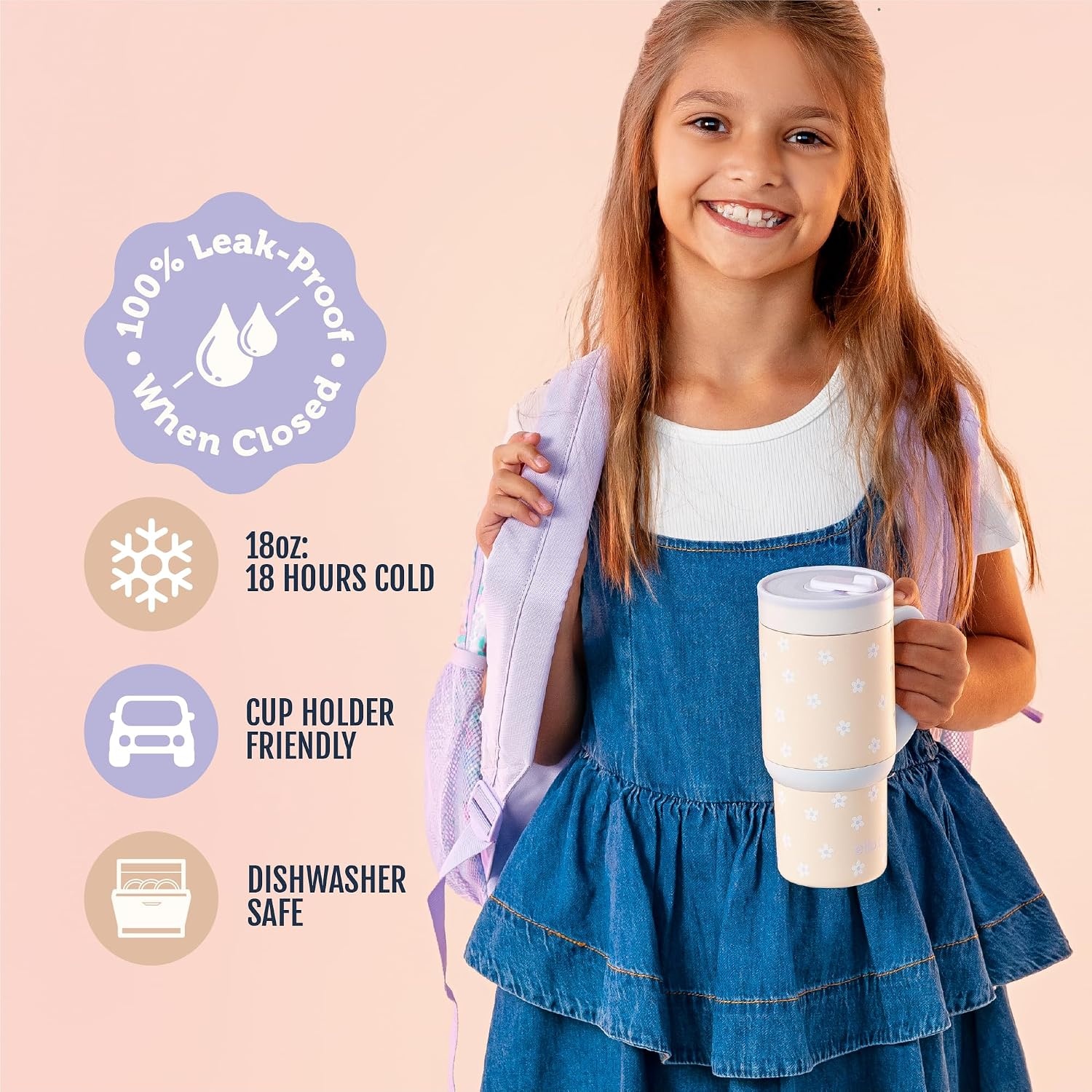 image:imageEllo Oasis Go 14oz Insulated Stainless Kids Tumbler with Straw A La Mode Leakproof kids tumbler with top handle and retracting straw BPAfree keeps drinks cold great for school and travelOrange Daisies