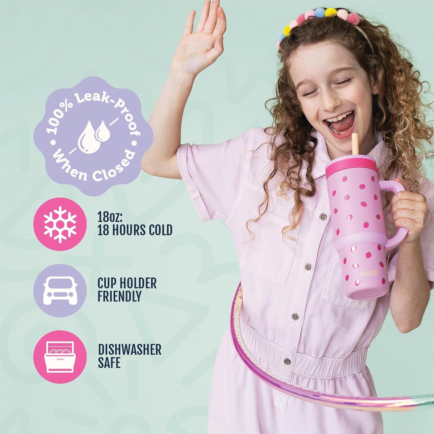 image:imageEllo Oasis Go 14oz Insulated Stainless Kids Tumbler with Straw A La Mode Leakproof kids tumbler with top handle and retracting straw BPAfree keeps drinks cold great for school and travelStrawberries