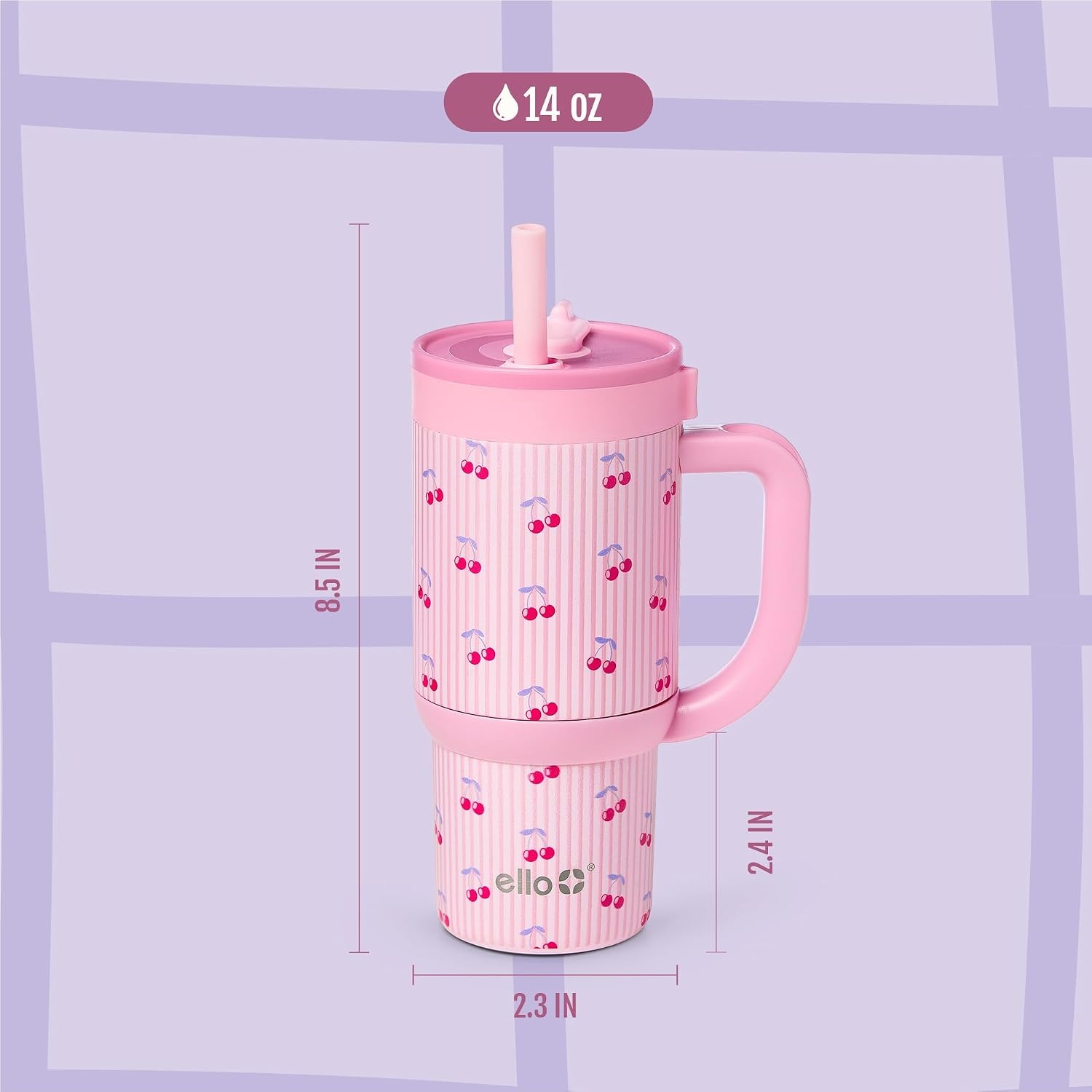 image:imageEllo Oasis Go 14oz Insulated Stainless Kids Tumbler with Straw A La Mode Leakproof kids tumbler with top handle and retracting straw BPAfree keeps drinks cold great for school and travelPreppy Cherries
