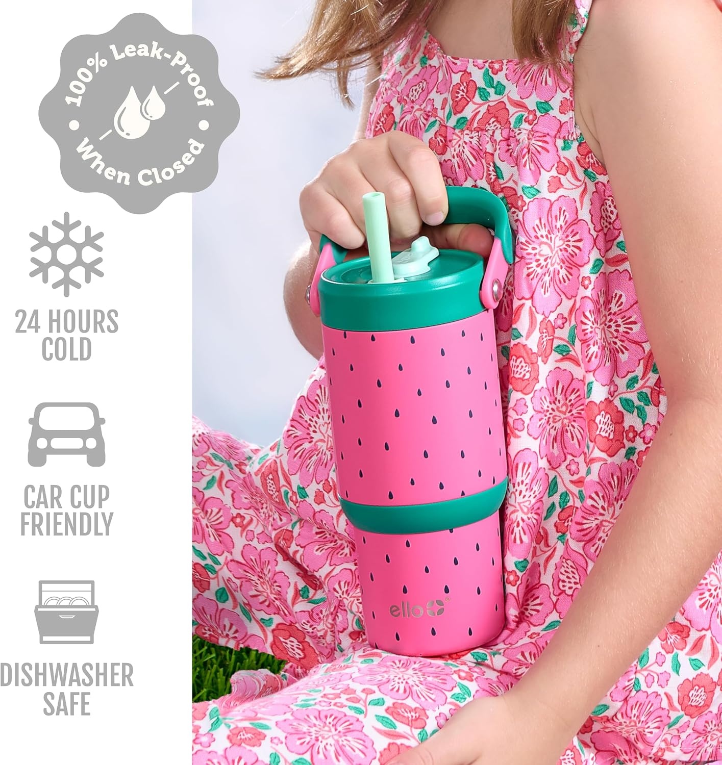 image:imageEllo Oasis Go 14oz Insulated Stainless Kids Tumbler with Straw A La Mode Leakproof kids tumbler with top handle and retracting straw BPAfree keeps drinks cold great for school and travelWatermelon