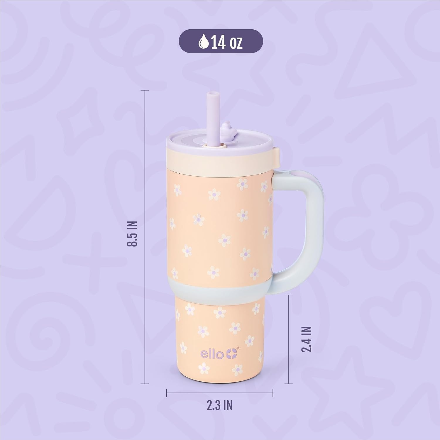 image:imageEllo Oasis Go 14oz Insulated Stainless Kids Tumbler with Straw A La Mode Leakproof kids tumbler with top handle and retracting straw BPAfree keeps drinks cold great for school and travelOrange Daisies