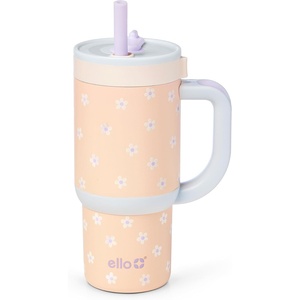 Ello Oasis Go+ 14oz Insulated Stainless Kids Tumbler with Straw, A La Mode | Leakproof kids tumbler with top handle and retracting straw. BPA-free, keeps drinks cold, great for school and travel(Orange Daisies)