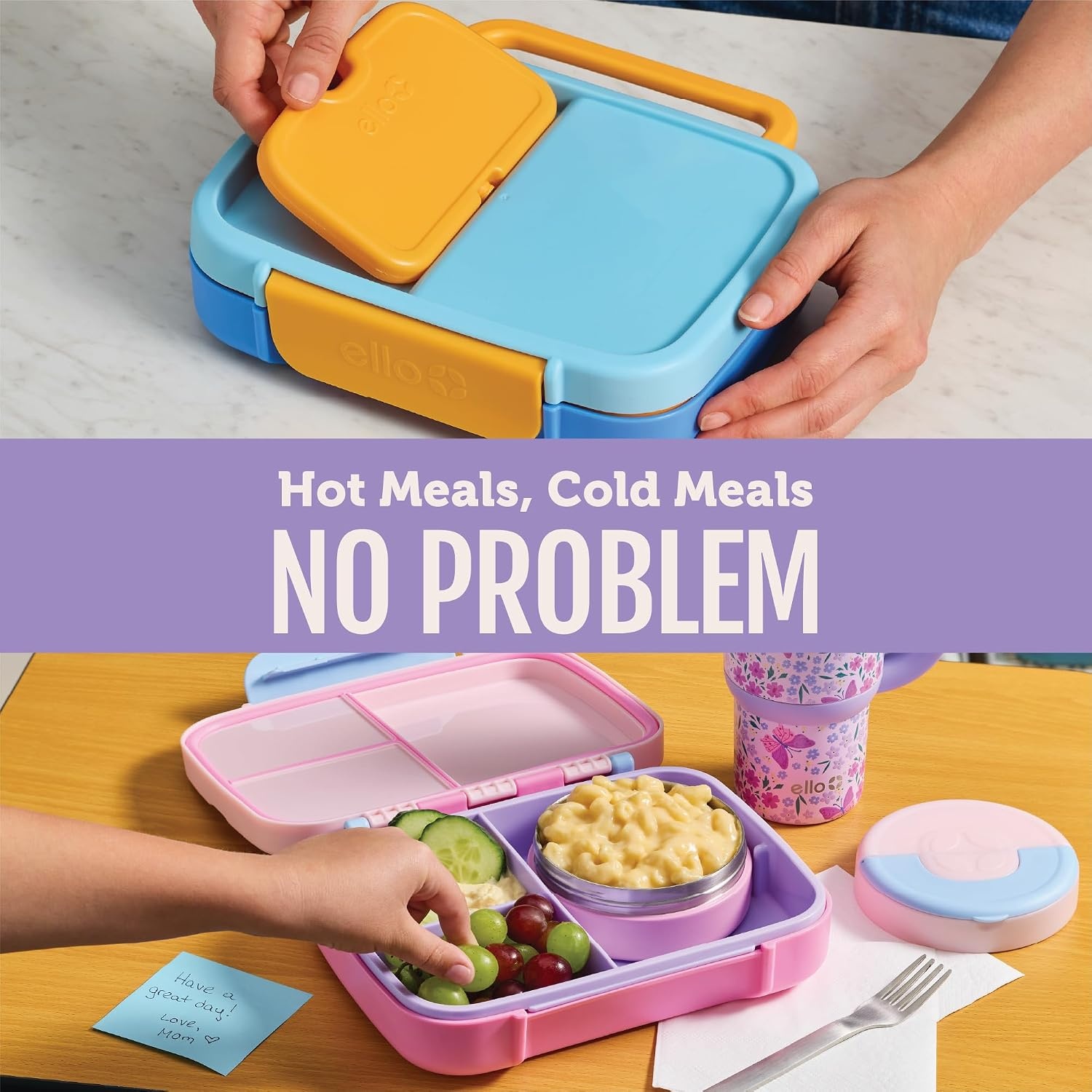image:imageEllo Benni Kids Bento Box with Insulated Food Jar and Ice Pack Leakproof Lunch Container 3 Compartments Charm Compatible Hot and Cold Food Storage for School Lunch and Field Trips Junior CadetGrape Fizz