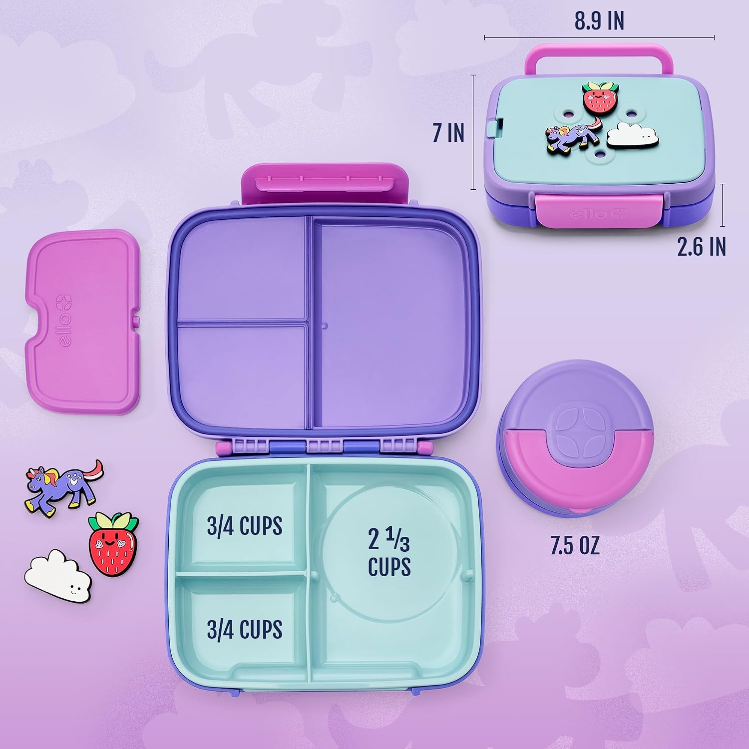 image:imageEllo Benni Kids Bento Box with Insulated Food Jar and Ice Pack Leakproof Lunch Container 3 Compartments Charm Compatible Hot and Cold Food Storage for School Lunch and Field Trips Junior CadetGrape Fizz