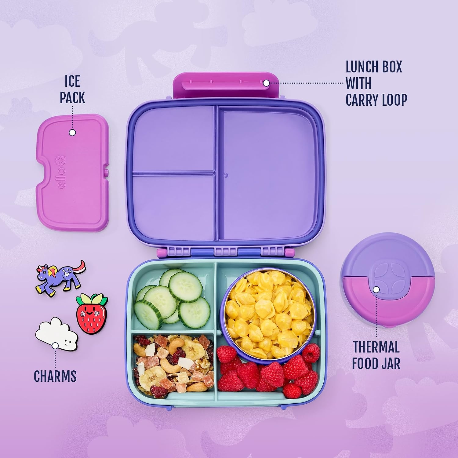 image:imageEllo Benni Kids Bento Box with Insulated Food Jar and Ice Pack Leakproof Lunch Container 3 Compartments Charm Compatible Hot and Cold Food Storage for School Lunch and Field Trips Junior CadetGrape Fizz