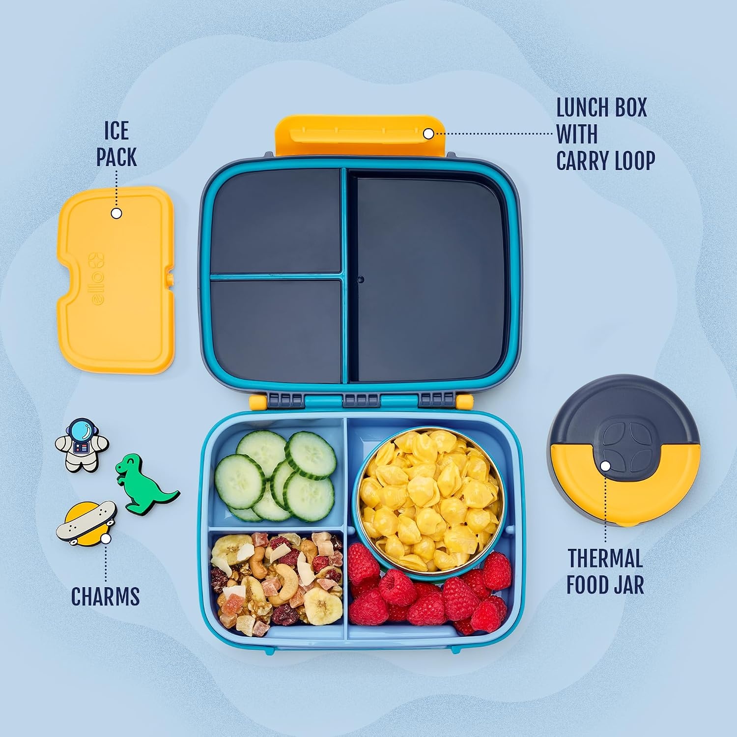 image:imageEllo Benni Kids Bento Box with Insulated Food Jar and Ice Pack Leakproof Lunch Container 3 Compartments Charm Compatible Hot and Cold Food Storage for School Lunch and Field Trips Junior CadetJunior Cadet