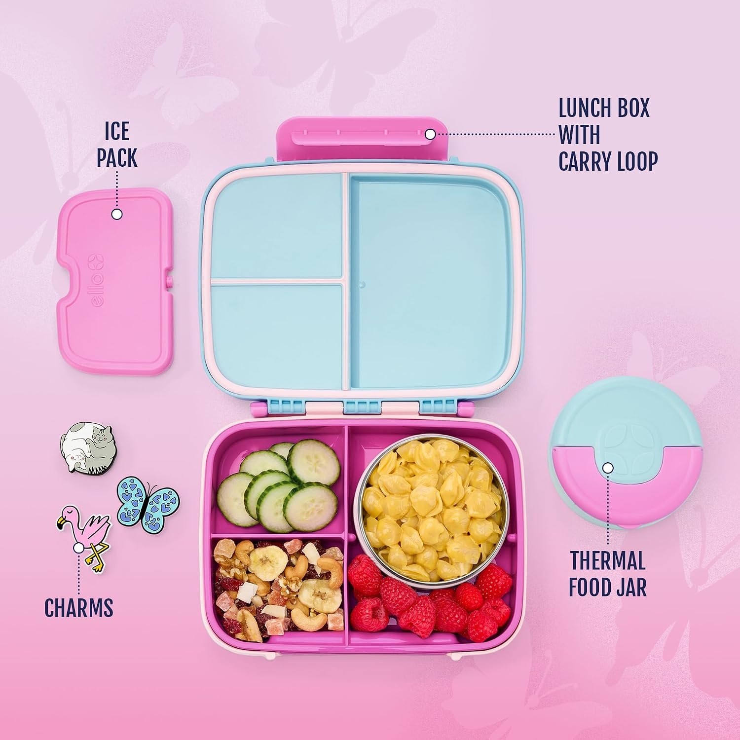 image:imageEllo Benni Kids Bento Box with Insulated Food Jar and Ice Pack Leakproof Lunch Container 3 Compartments Charm Compatible Hot and Cold Food Storage for School Lunch and Field Trips Junior CadetRazzmatazz