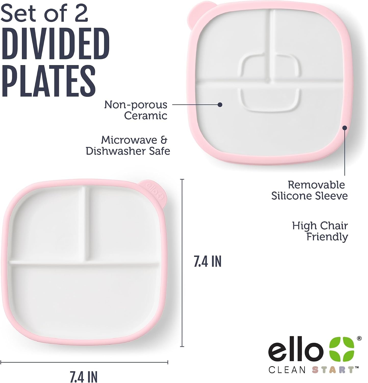 image:imageEllo Clean Start Toddler Dinner Plate 2 Pack BPAFree Ceramic Plates with Divider amp Silicone Sleeve for BabiesToddlers Microwave amp Dishwasher Safe High Chair Friendly Cashmere PinkDuneCashmere Pink