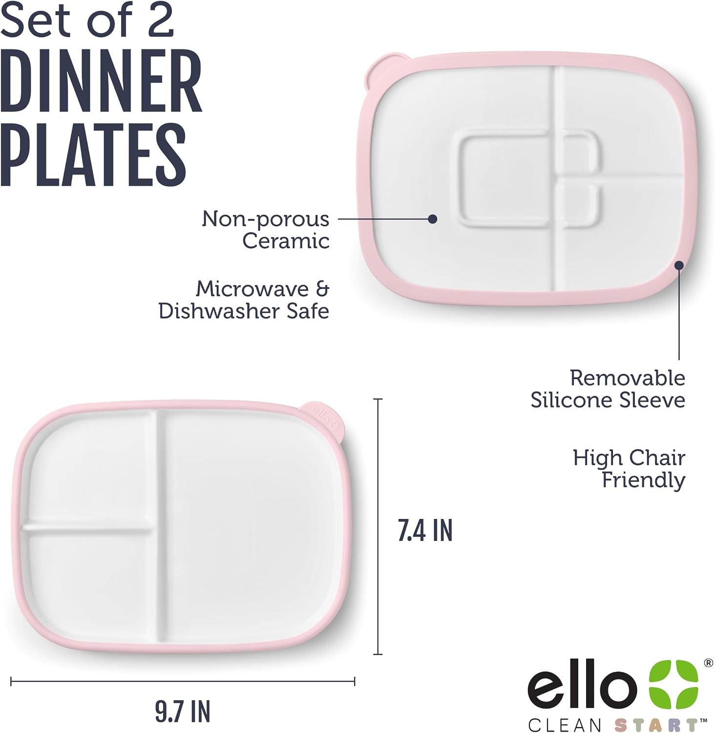 image:imageEllo Clean Start Toddler Dinner Plate 2 Pack BPAFree Ceramic Plates with Divider amp Silicone Sleeve for BabiesToddlers Microwave amp Dishwasher Safe High Chair Friendly Cashmere PinkDuneCashmere Pink