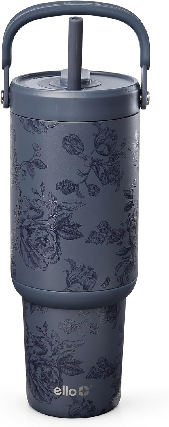 image:imageEllo Oasis Go 32oz Tumbler with Top Handle and Retracting Straw Reusable Insulated Stainless Steel Cup 100 Leakproof Water Bottle 24 Hours Cold Cup Holder Friendly For Travel Black LacePorcelain Rose Navy