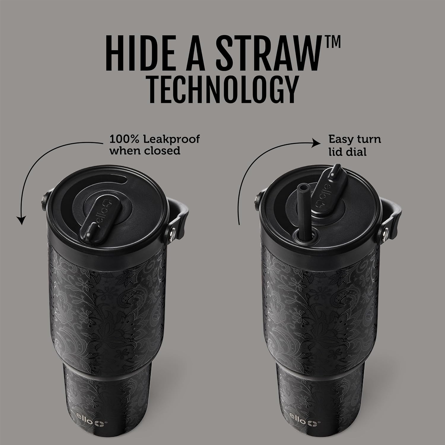 image:imageEllo Oasis Go 32oz Tumbler with Top Handle and Retracting Straw Reusable Insulated Stainless Steel Cup 100 Leakproof Water Bottle 24 Hours Cold Cup Holder Friendly For Travel Black LaceNocturnal Bat