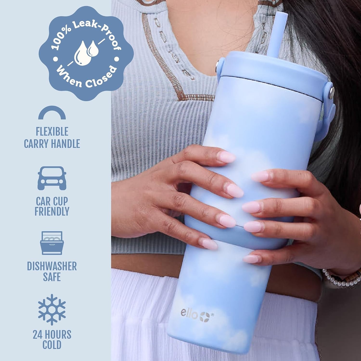 image:imageEllo Oasis Go 32oz Tumbler with Top Handle and Retracting Straw Reusable Insulated Stainless Steel Cup 100 Leakproof Water Bottle 24 Hours Cold Cup Holder Friendly For Travel Red VelvetIn The Clouds